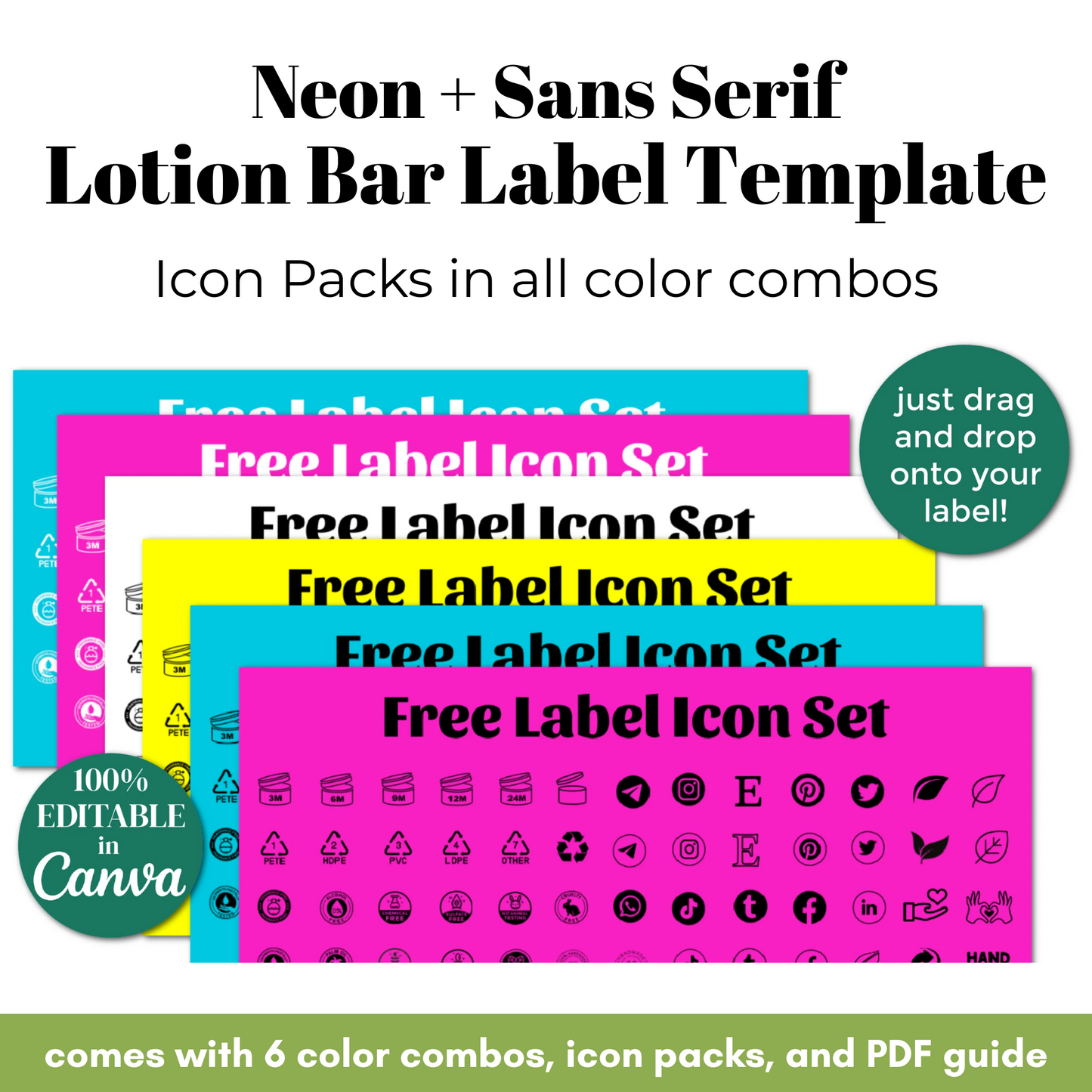 Neon and sans-serif lotion bar label template with icon packs and PDF guide.