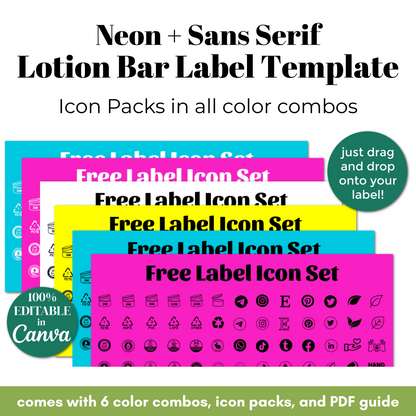 Neon and sans-serif lotion bar label template with icon packs and PDF guide.