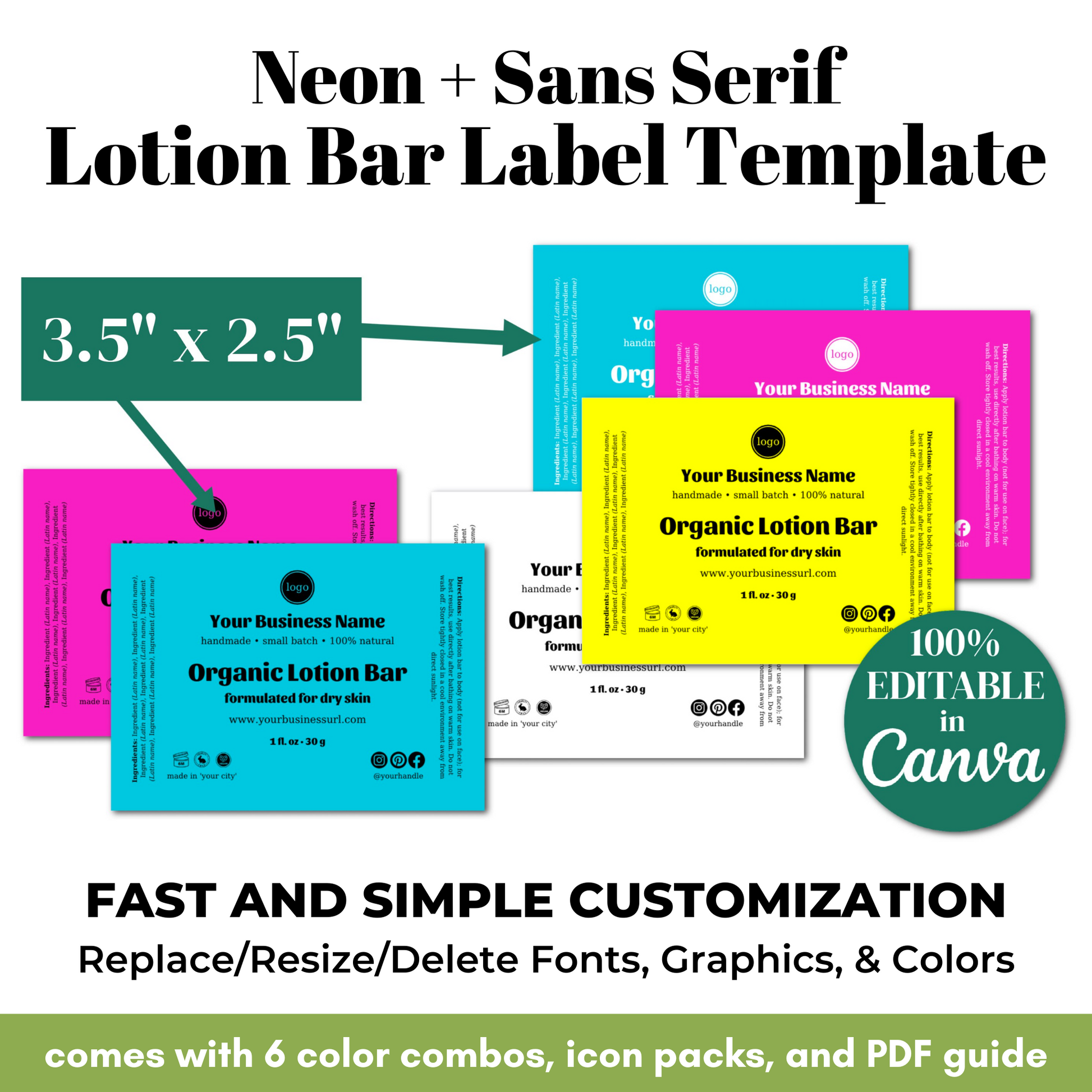 Neon and Sans Serif Lotion Bar Label Template with customizable options and branding details.