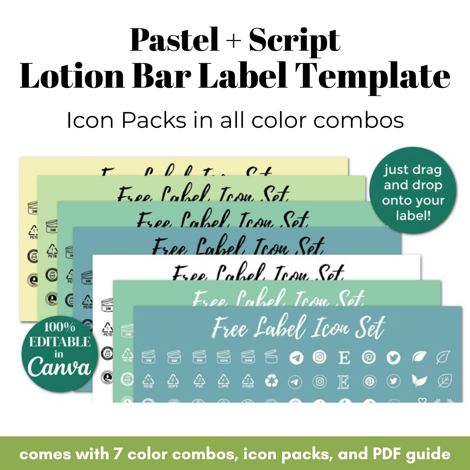 Pastel and script lotion bar label template with icon packs and PDF guide.