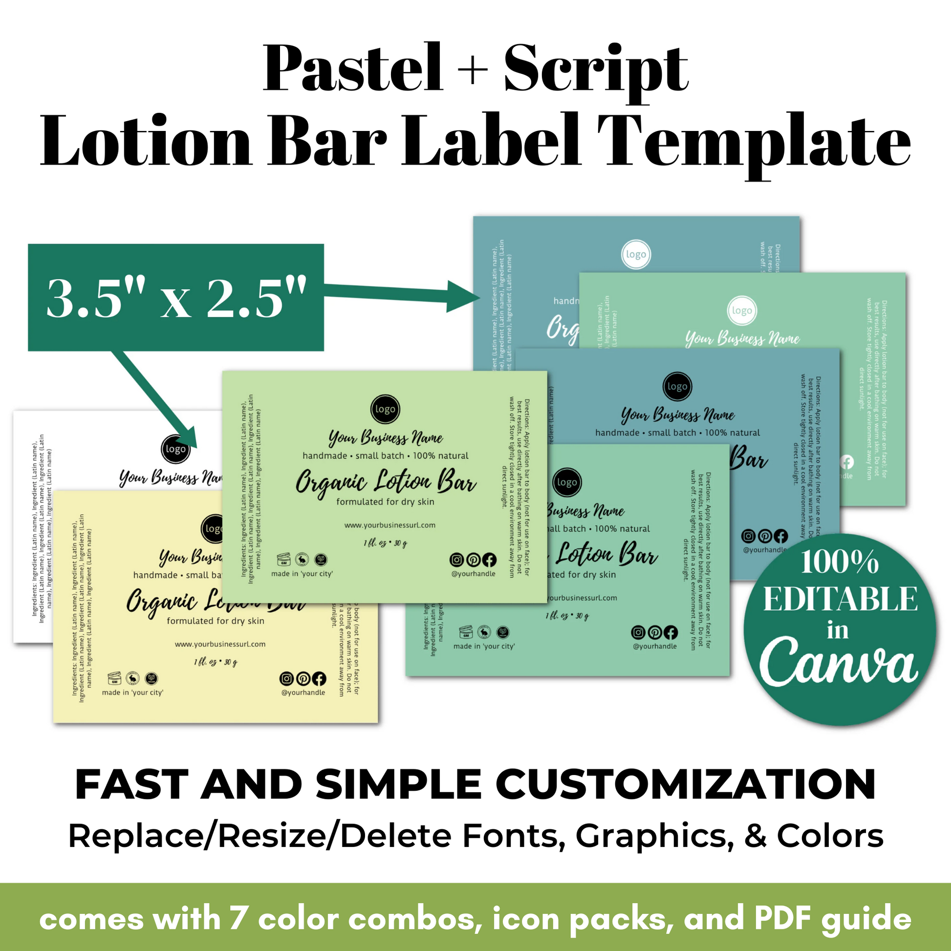 Pastel and script lotion bar label template with customizable features on a white background.