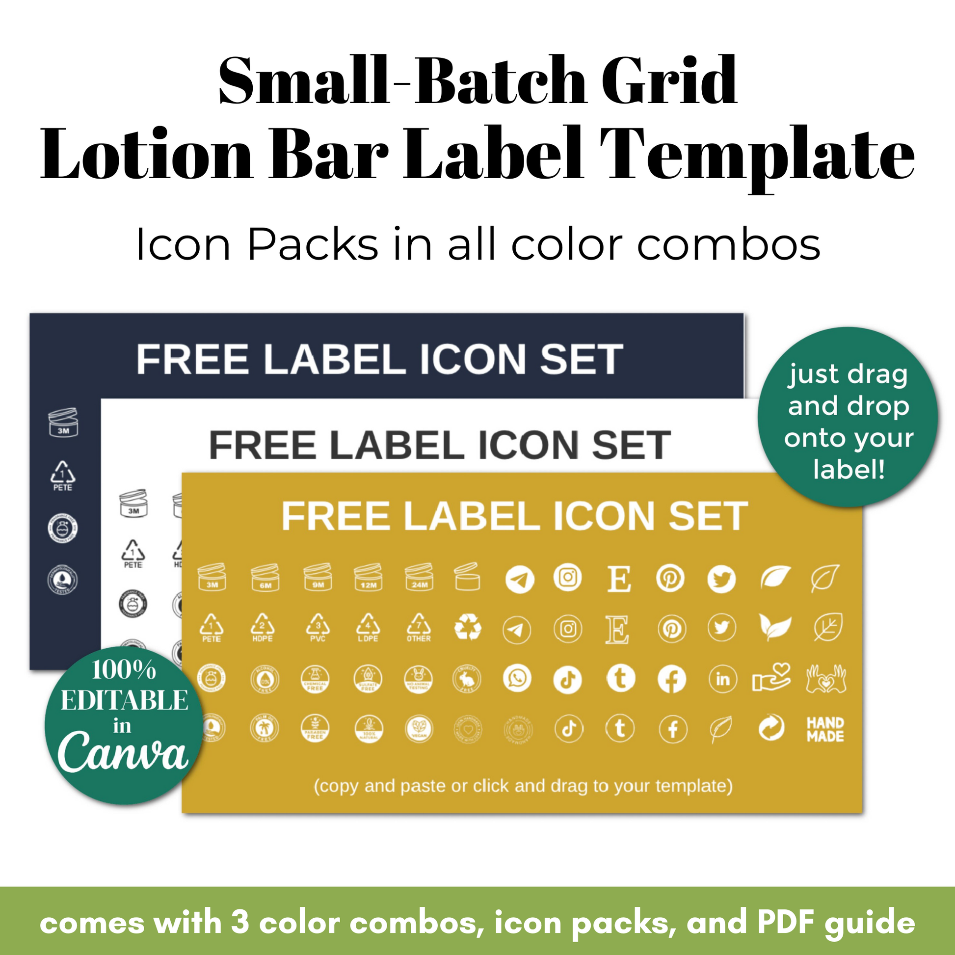Small-Batch Grid Lotion Bar Label Template with icon packs and free label icon set.