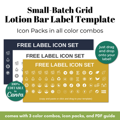 Small-Batch Grid Lotion Bar Label Template with icon packs and free label icon set.