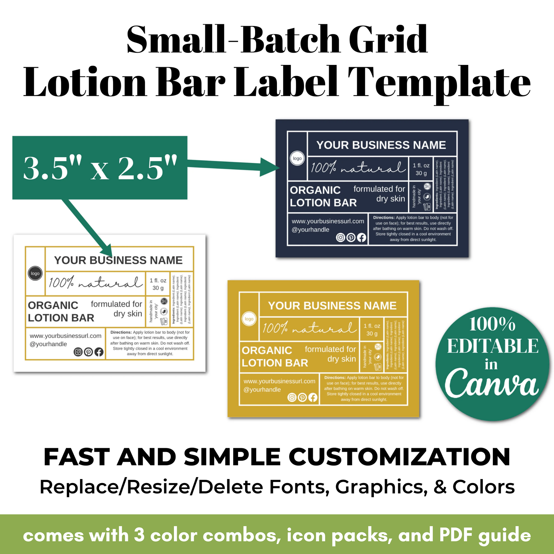 Small-Batch Grid Lotion Bar Label Template with customizable options on a white background