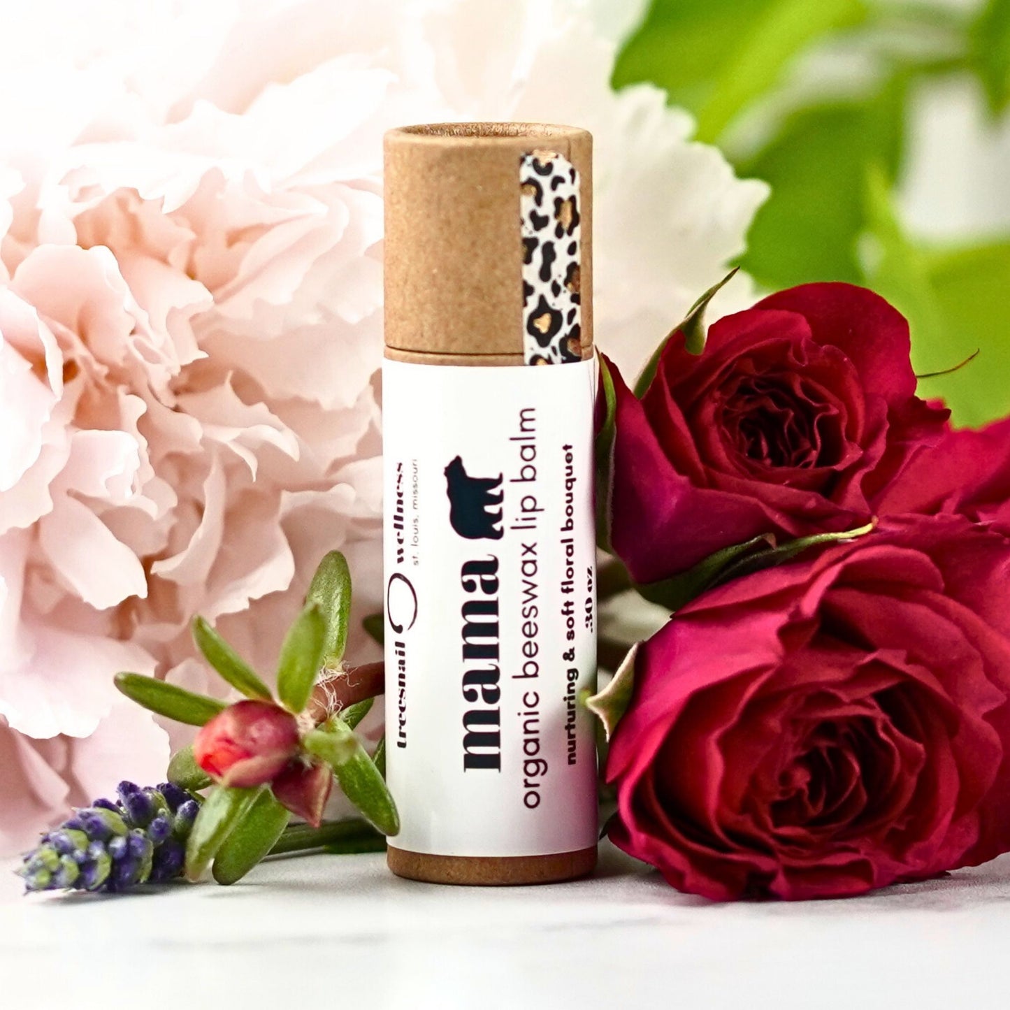 Mama Bear plastic-free lip balm .30 oz paperboard push-up—soothing floral blend, perfect for new mom gifts and baby shower favors