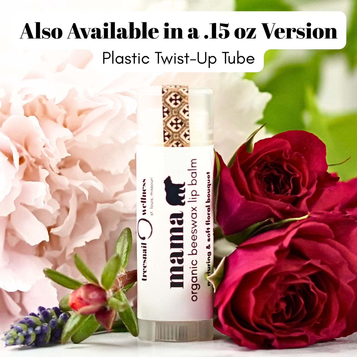 Lip balm packaging with flowers in the background