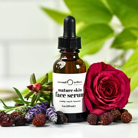 Mature Skin Face Serum by Treesnail Wellness is made with natural carrier oils, essential oils, and bakuchiol.