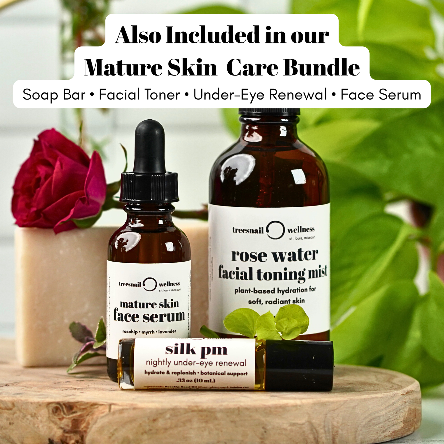 Skincare products including a face serum, toning mist, and eye renewal cream on a wooden surface with greenery in the background.