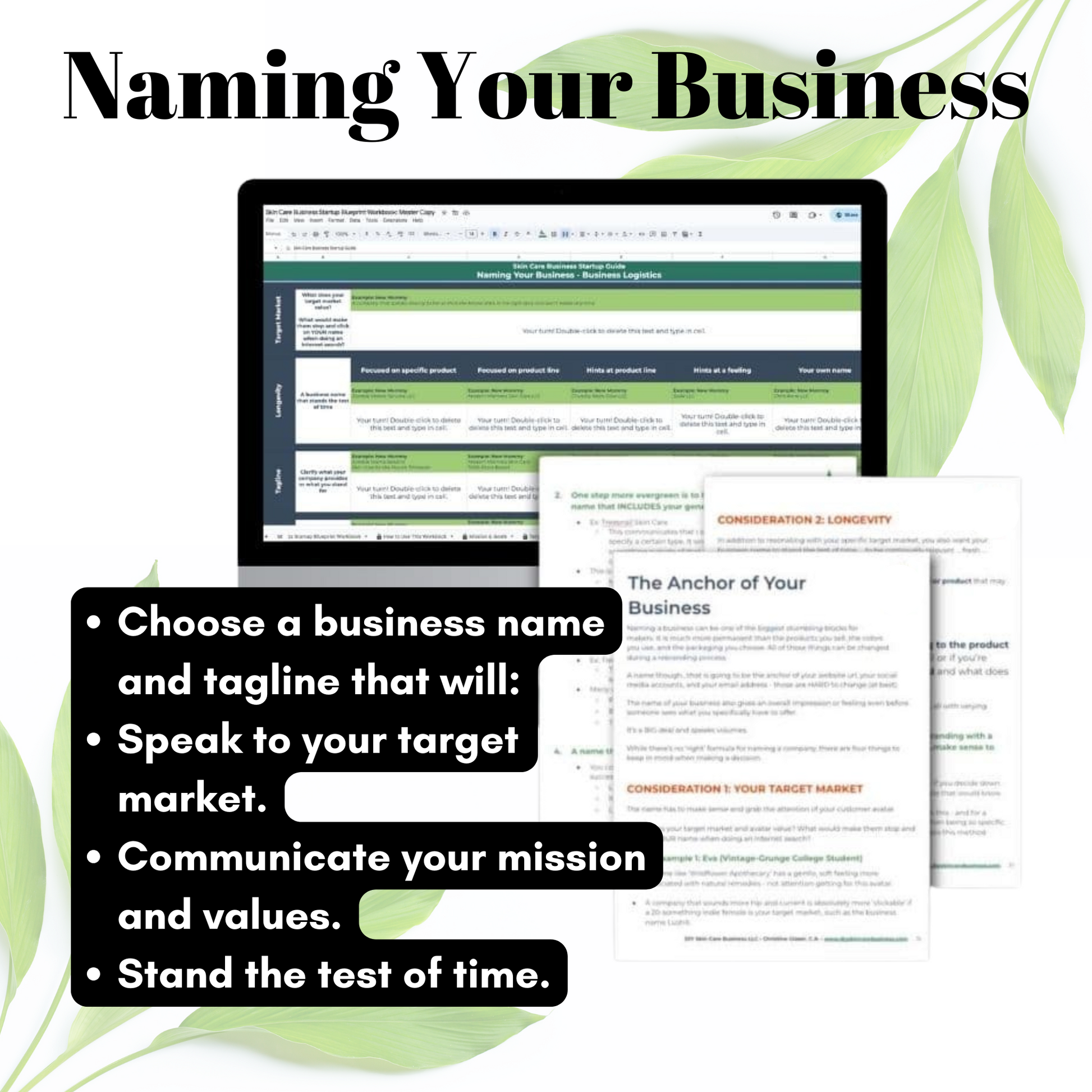 Computer screen displaying a business naming guide with text and leaf graphics.
