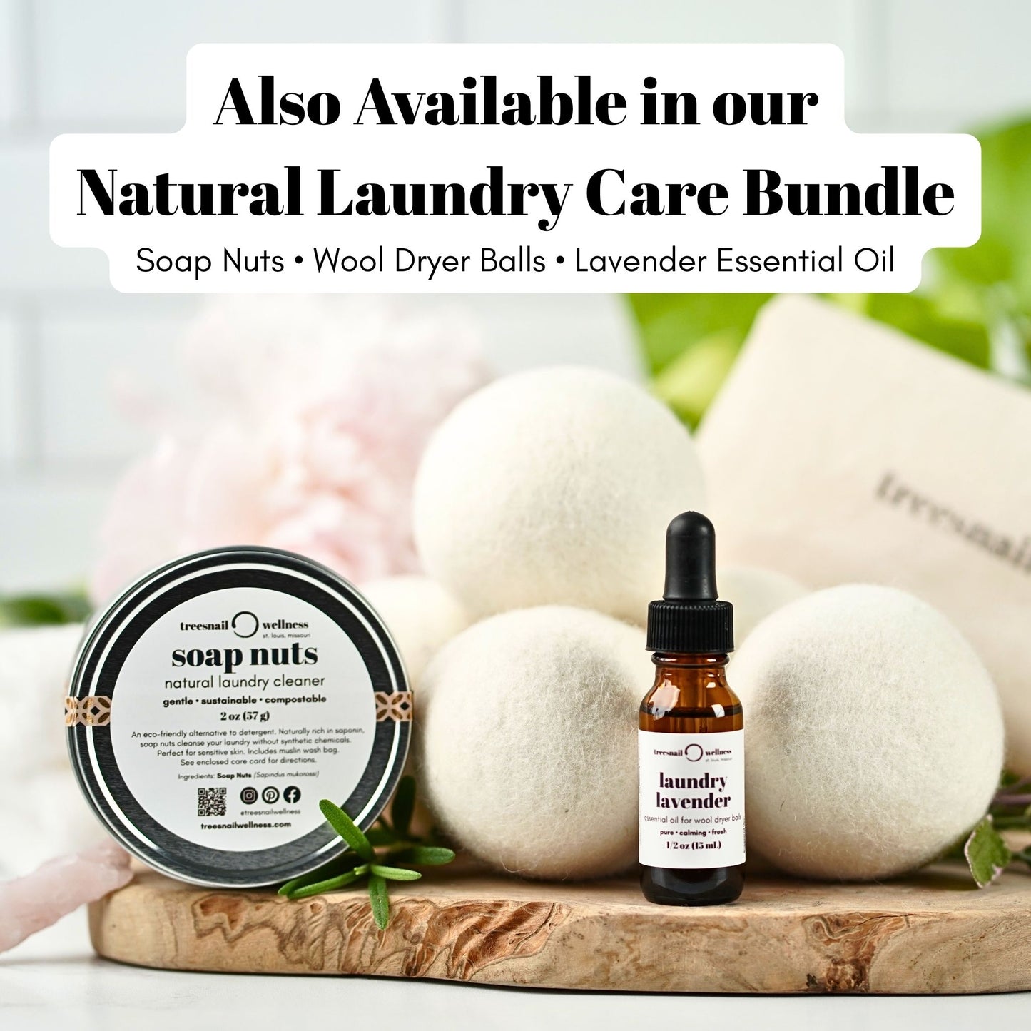 This item is also available in our Natural Laundry Care Bundle (includes 2 oz. tin of soap nuts, 6 organic wool dryer balls, and 15 mL dropper bottle of lavender essential oil).