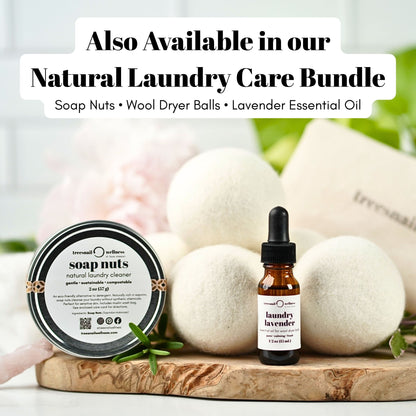 This item is also available in our Natural Laundry Care Bundle (includes 2 oz. tin of soap nuts, 6 organic wool dryer balls, and 15 mL dropper bottle of lavender essential oil).