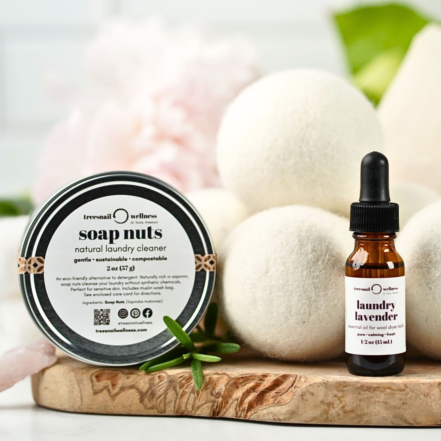 The Natural Laundry Starter Set from Treesnail Wellness includes organic wool dryer balls, compostable soap nuts, and pure lavender essential oil.