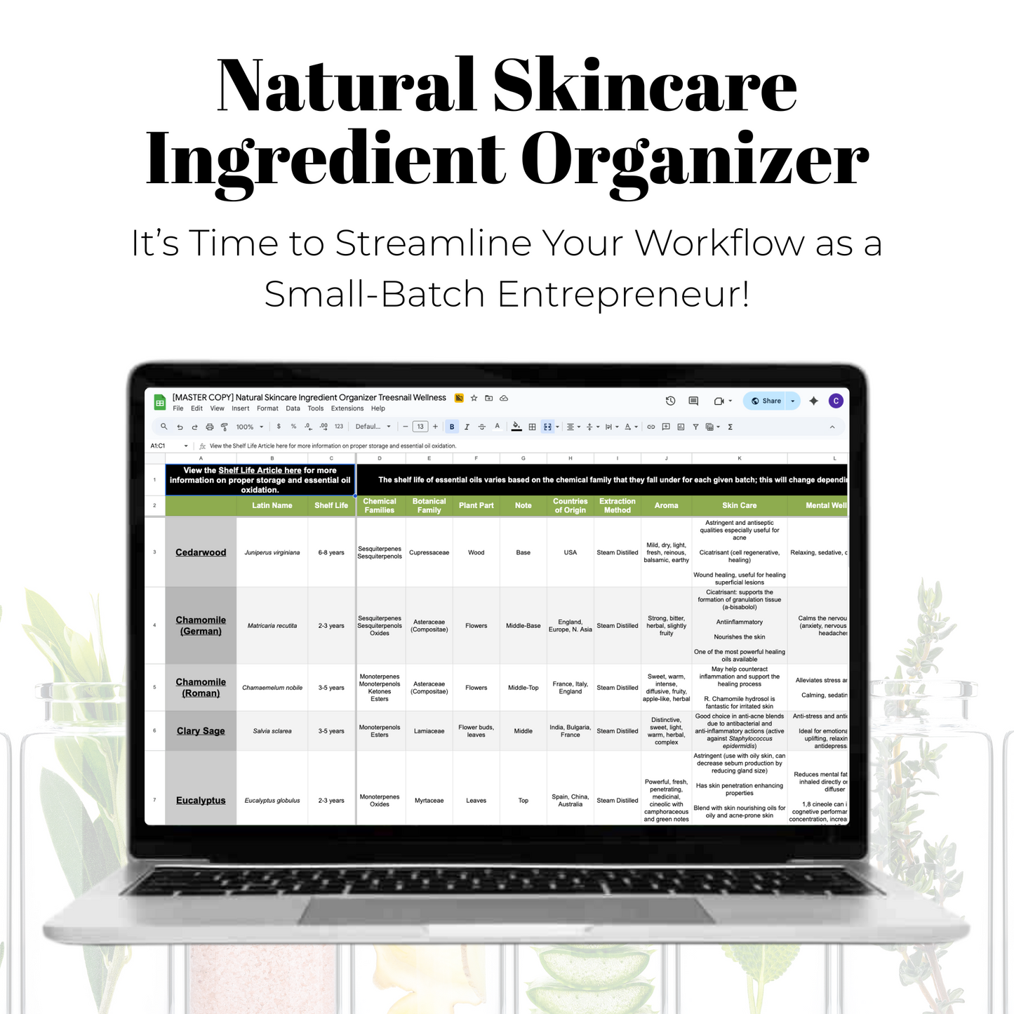Laptop displaying a natural skincare ingredient organizer on a white background with text about streamlining workflow.