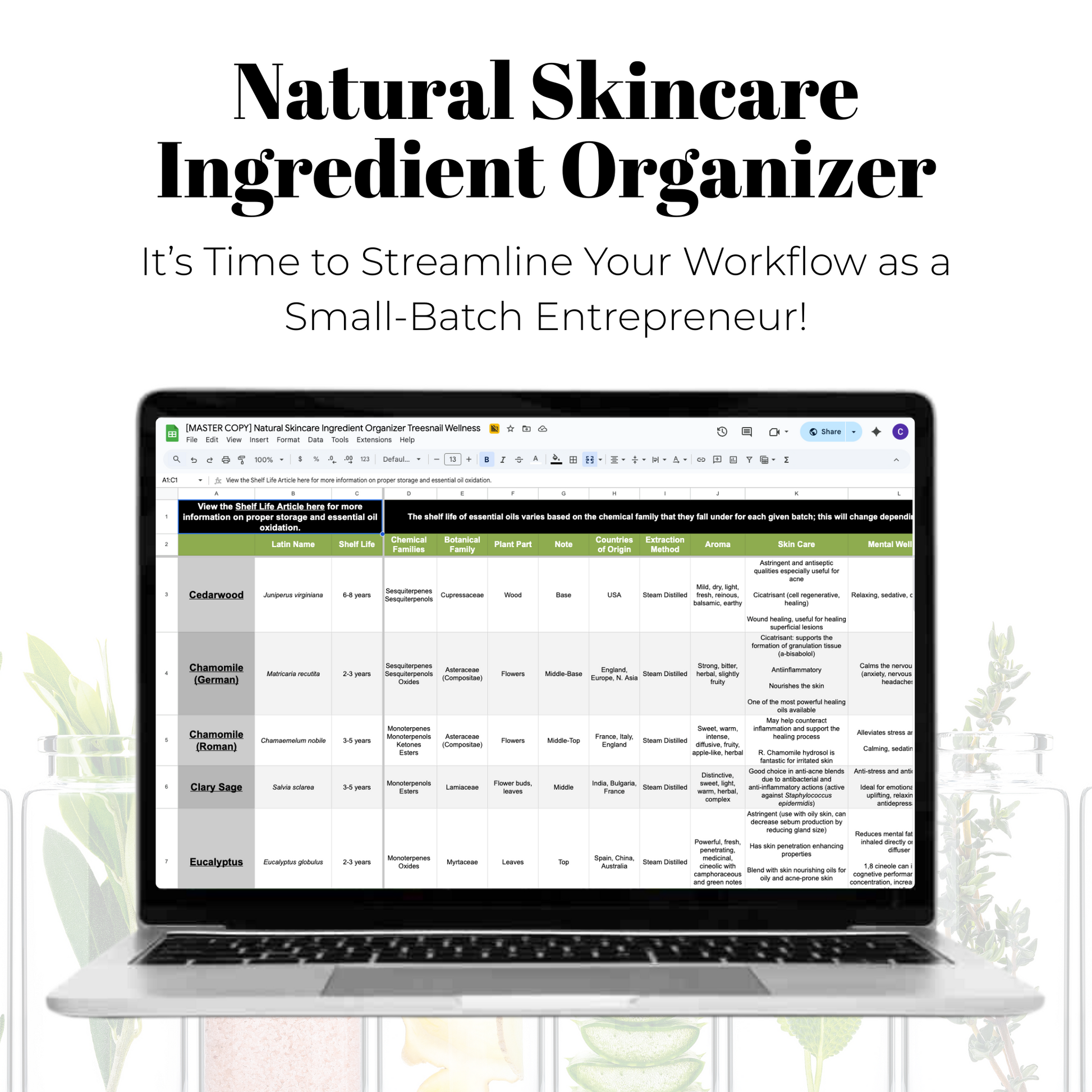 Laptop displaying a natural skincare ingredient organizer on a white background with text about streamlining workflow.