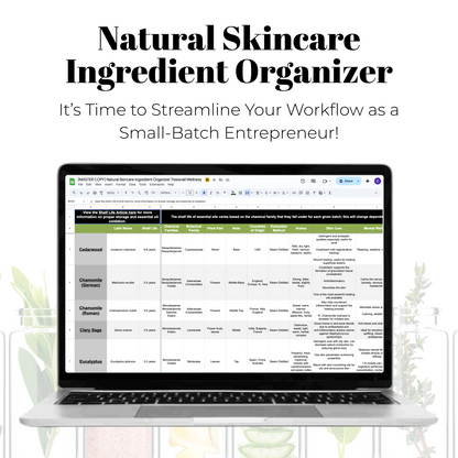 Laptop displaying a natural skincare ingredient organizer on a white background with text about streamlining workflow.