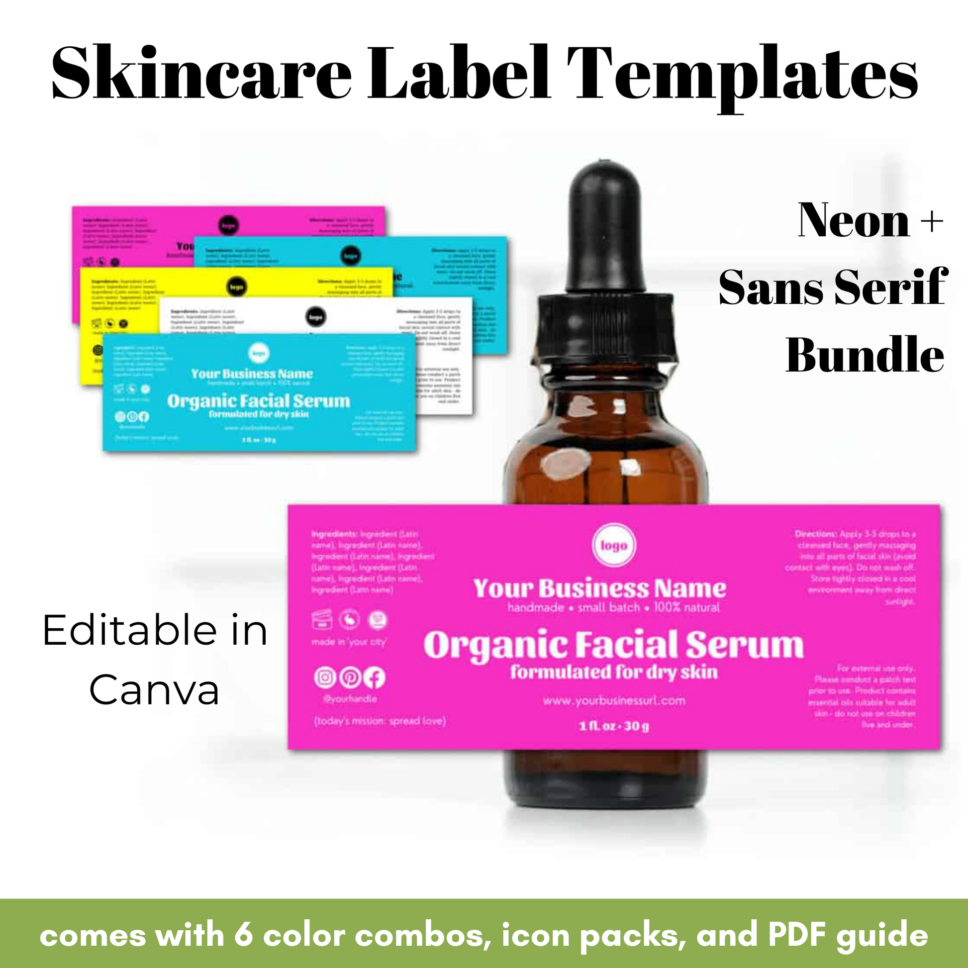 Skincare label templates with a bottle of organic facial serum on a white background