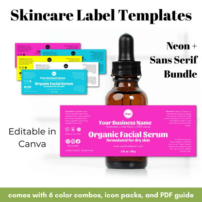 Skincare label templates with a bottle of organic facial serum on a white background