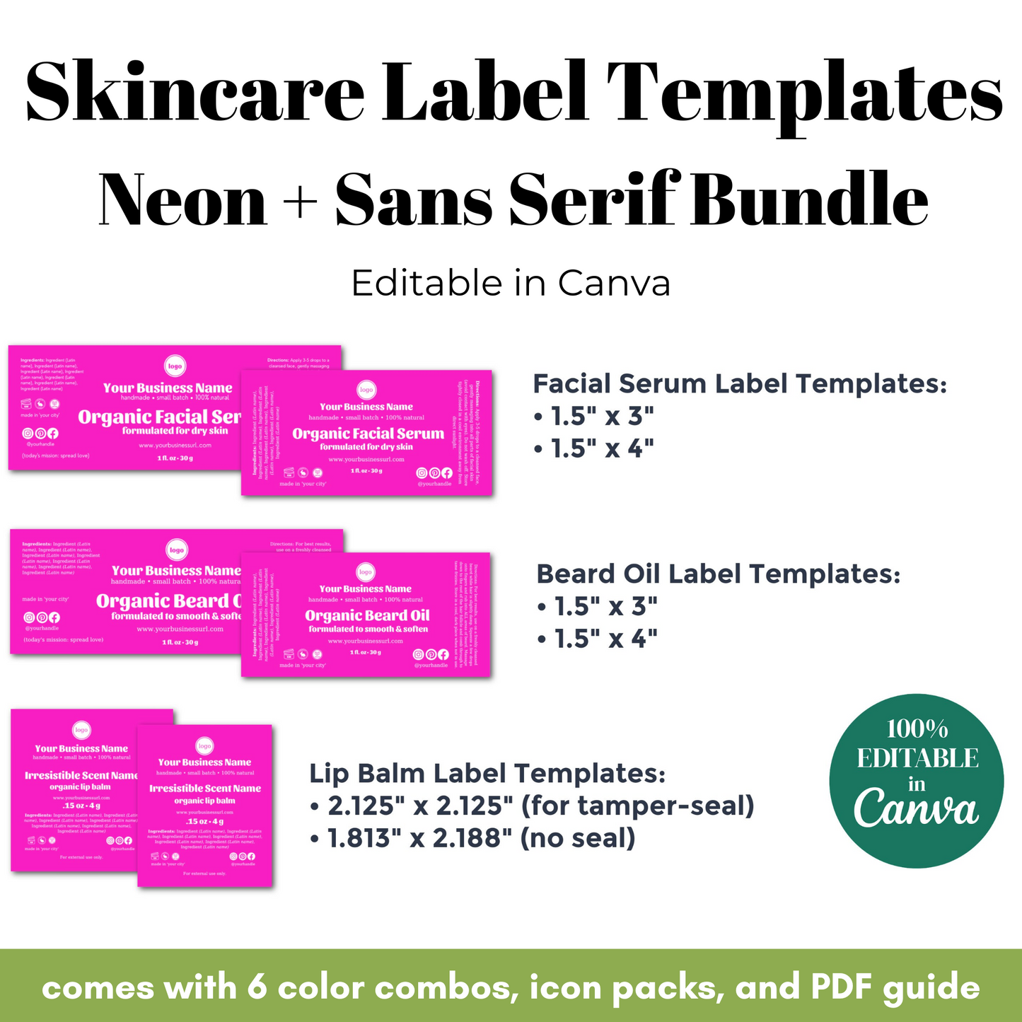 Skincare label templates with pink designs on a white background, featuring text about editable options in Canva.