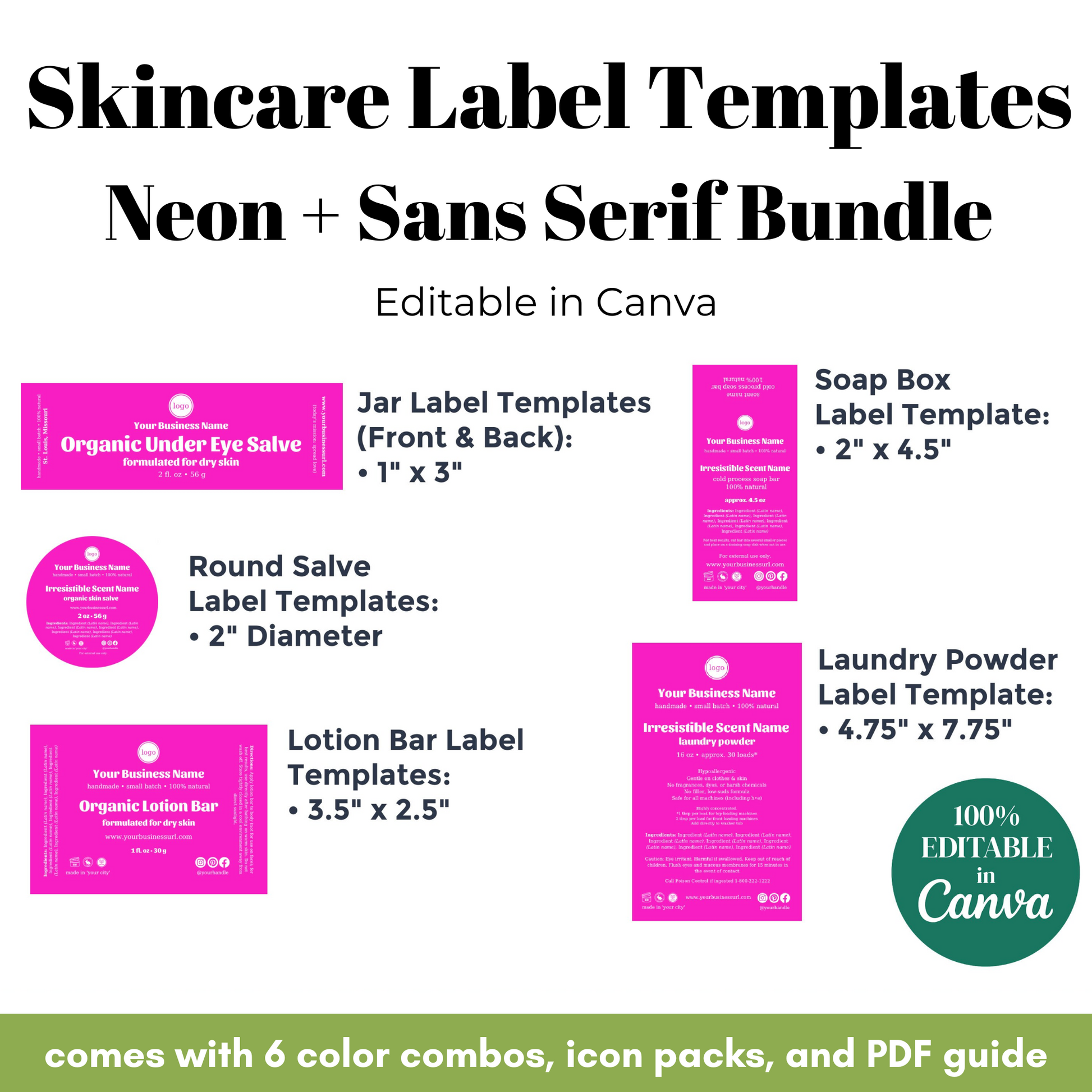 Skincare label templates bundle with neon designs and sans serif fonts, featuring various label sizes on a white background.