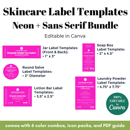 Skincare label templates bundle with neon designs and sans serif fonts, featuring various label sizes on a white background.