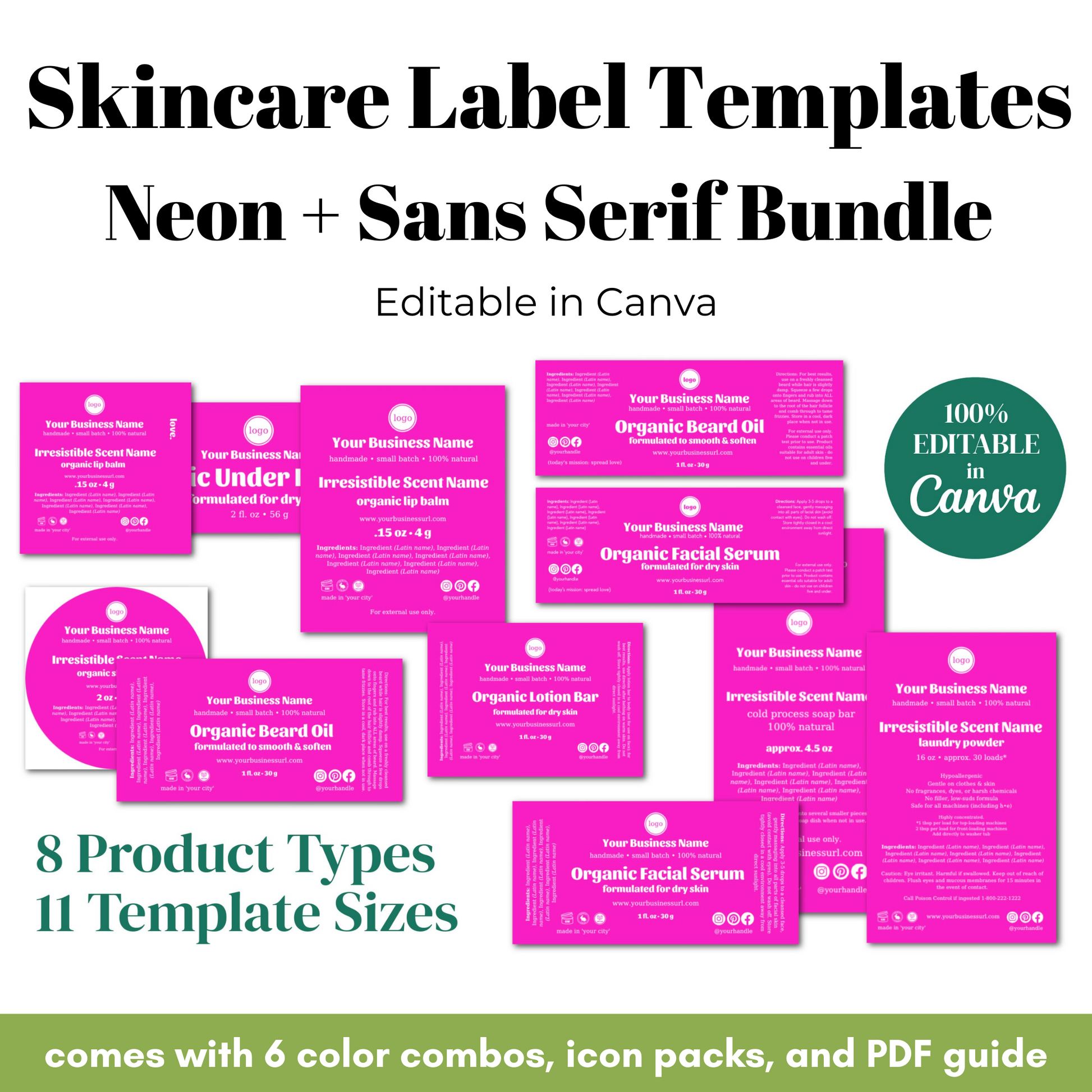 Skincare label templates with neon and sans-serif design, editable in Canva.