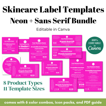 Skincare label templates with neon and sans-serif design, editable in Canva.