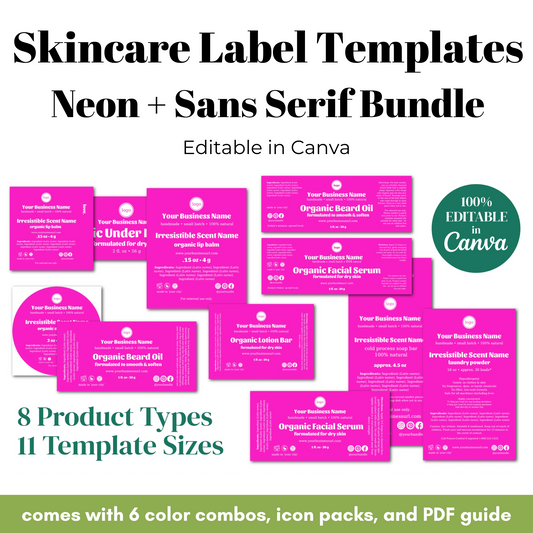 Skincare label templates with neon and sans-serif design, editable in Canva.