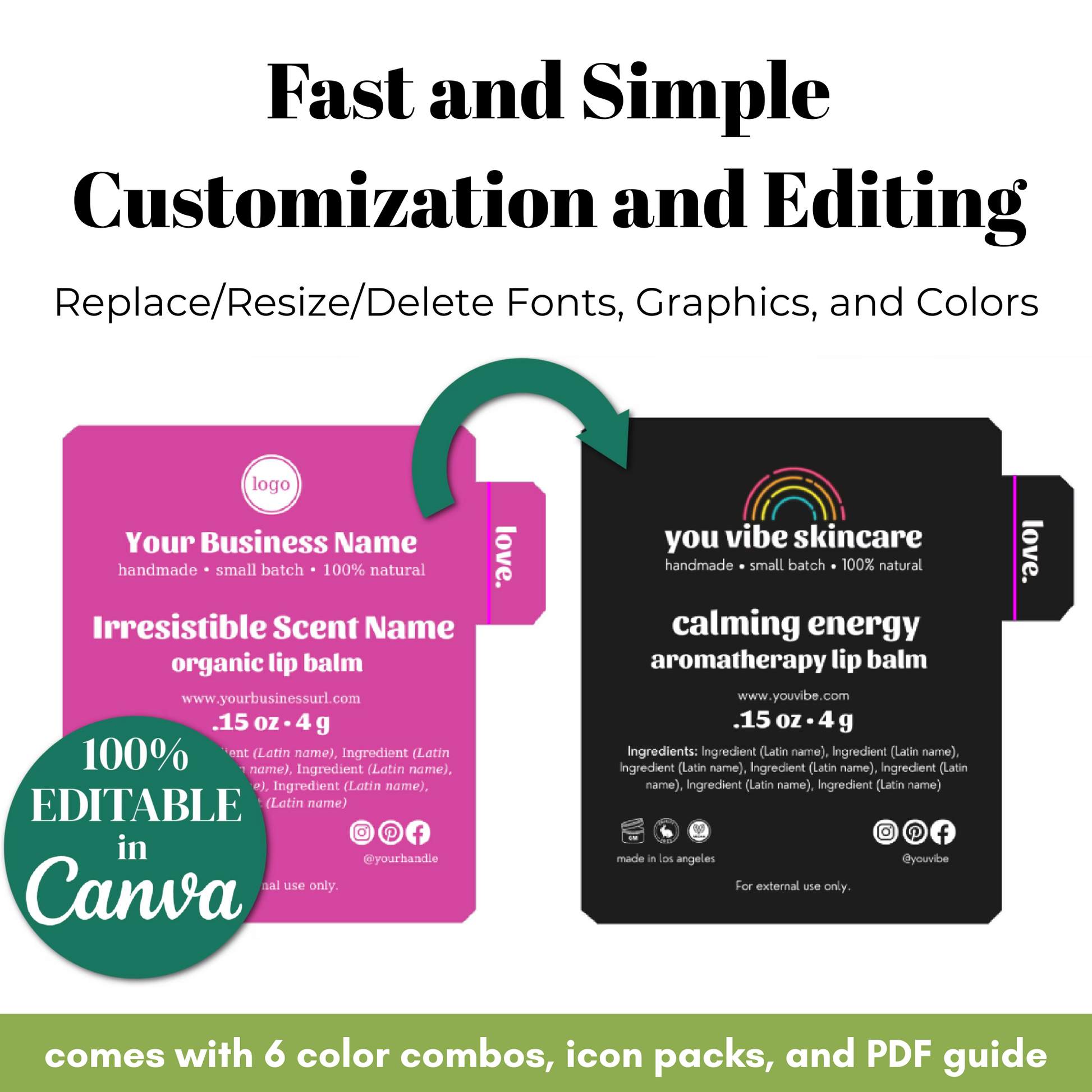 Two lip balm packaging designs with customization options in Canva.