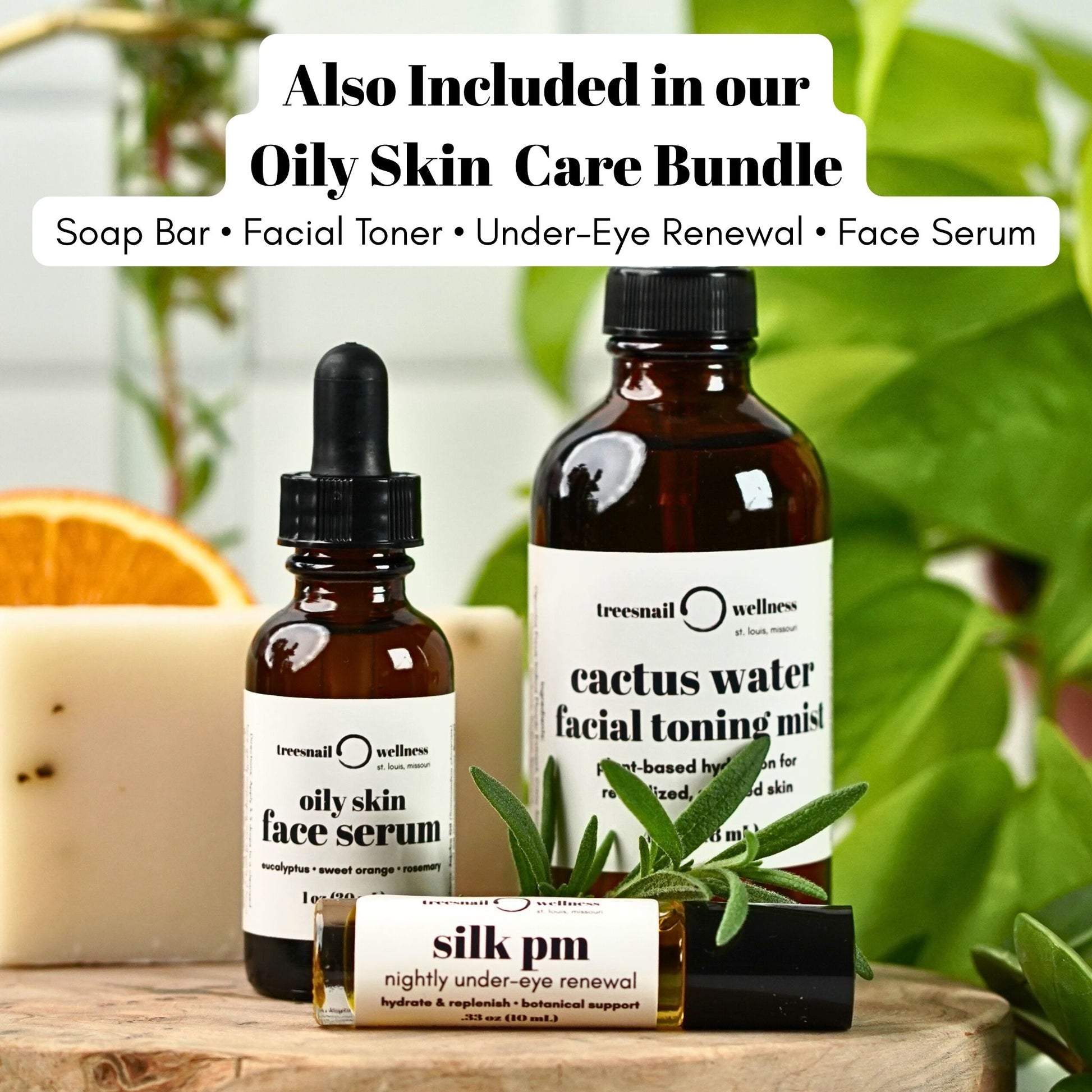 Oily skin care products including a serum, toner, and renewal product with a plant and orange slice in the background.