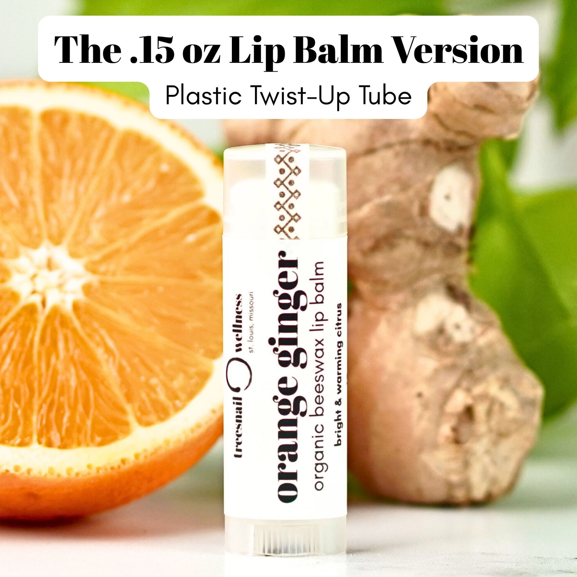 Treesnail Wellness Orange Ginger Organic Lip Balm, .15 oz plastic tube version.