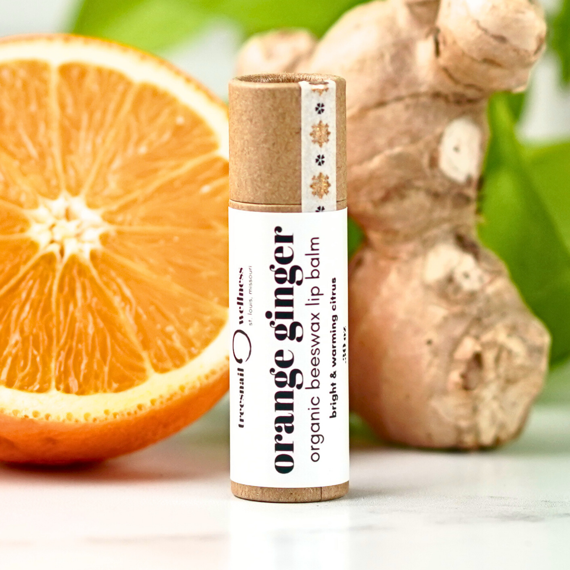 Orange Ginger eco-tube lip balm .30 oz plastic-free push-up—sweet orange + ginger, small-batch