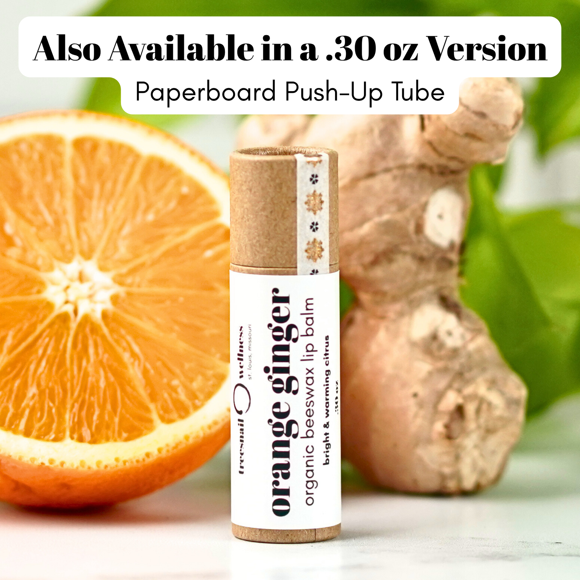 Orange Ginger eco-tube lip balm .30 oz plastic-free push-up—sweet orange + ginger, small-batch