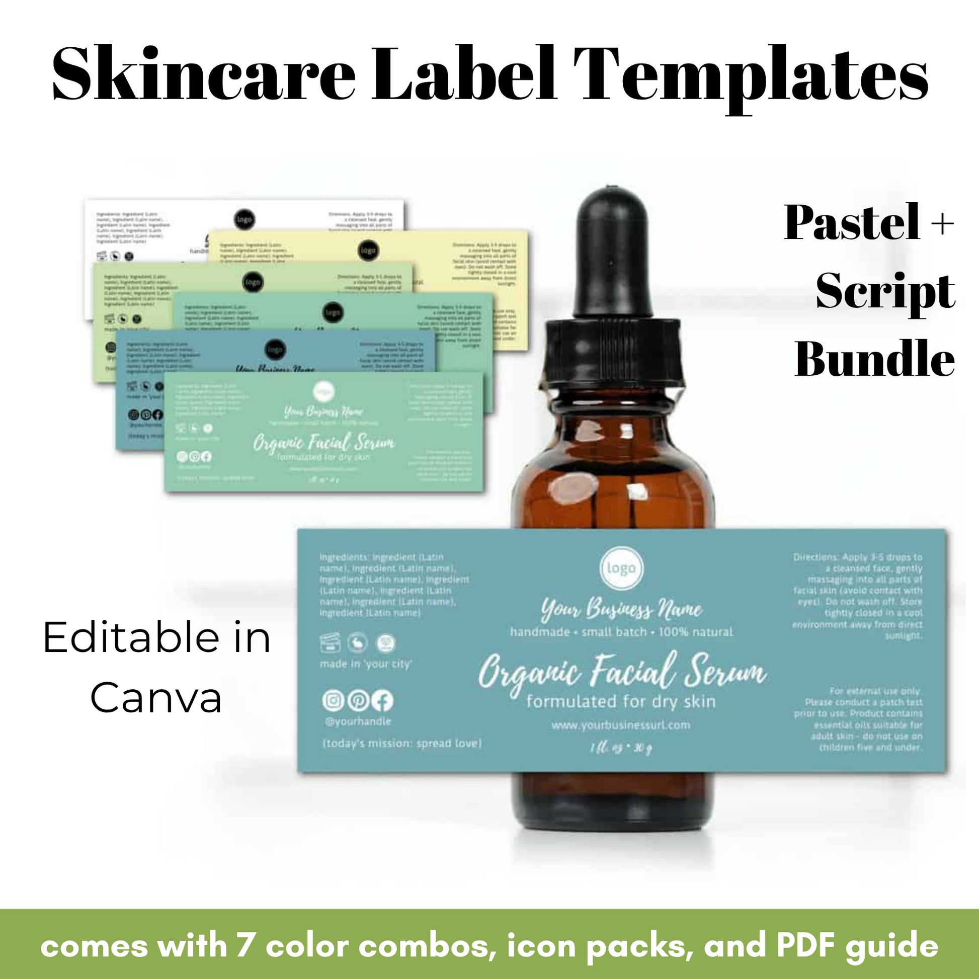 Skincare label templates with a bottle of organic facial serum on a white background