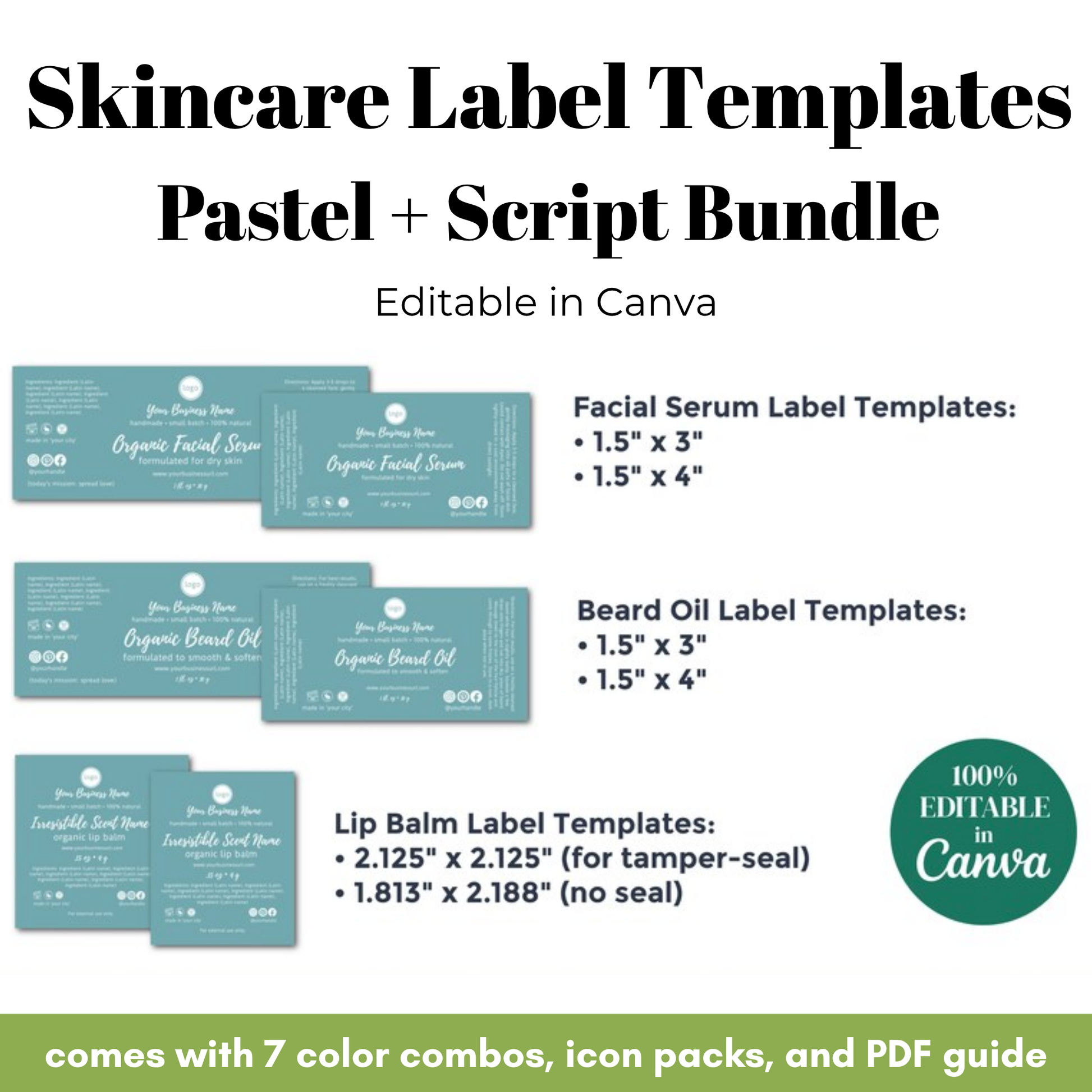 Skincare label templates with pastel colors and script design, featuring facial serum, beard oil, and lip balm labels.