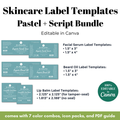 Skincare label templates with pastel colors and script design, featuring facial serum, beard oil, and lip balm labels.