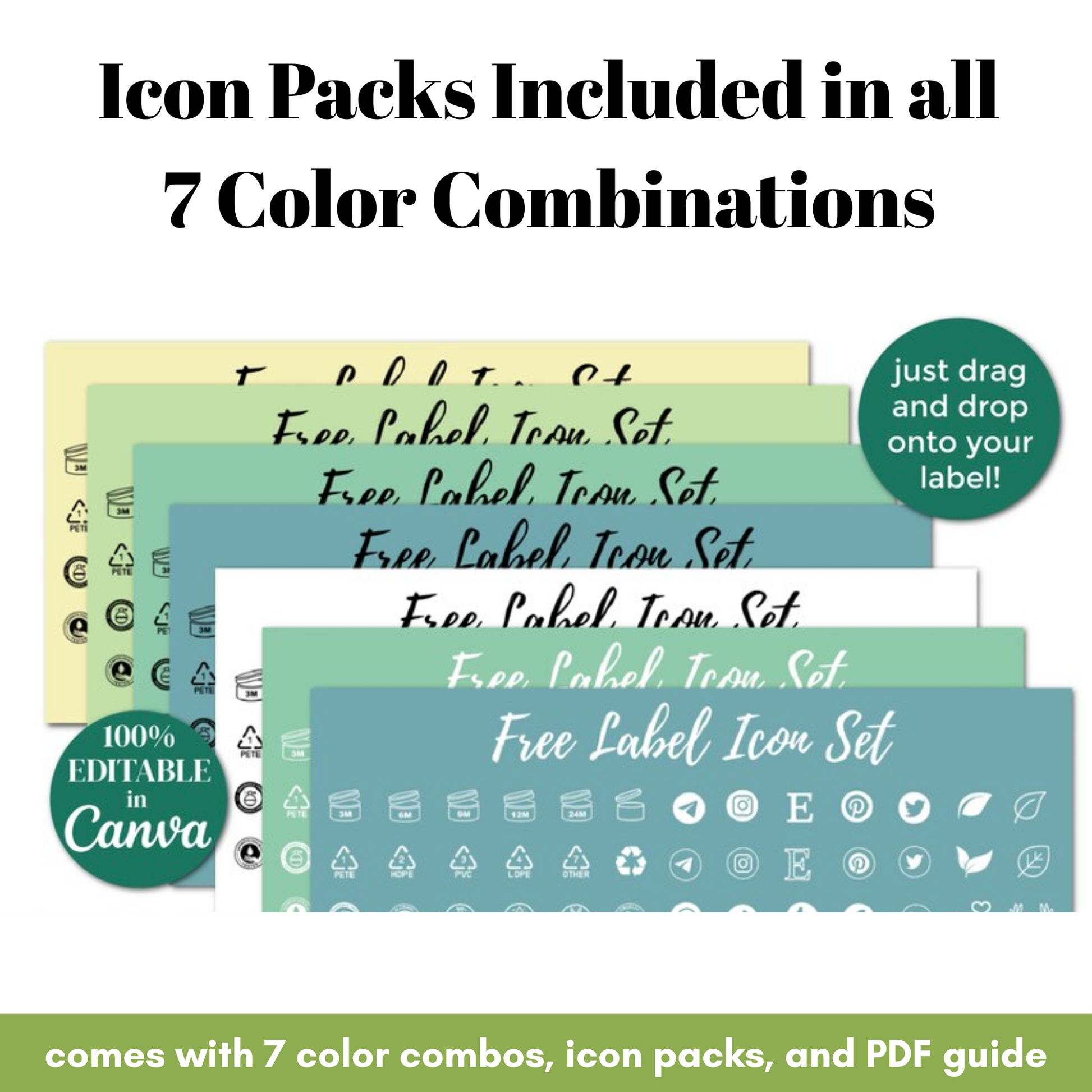 Icon packs included in all 7 color combinations with text on a white background