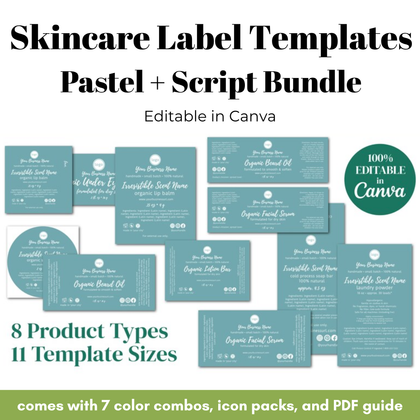 Skincare label templates with pastel colors and script design, editable in Canva.