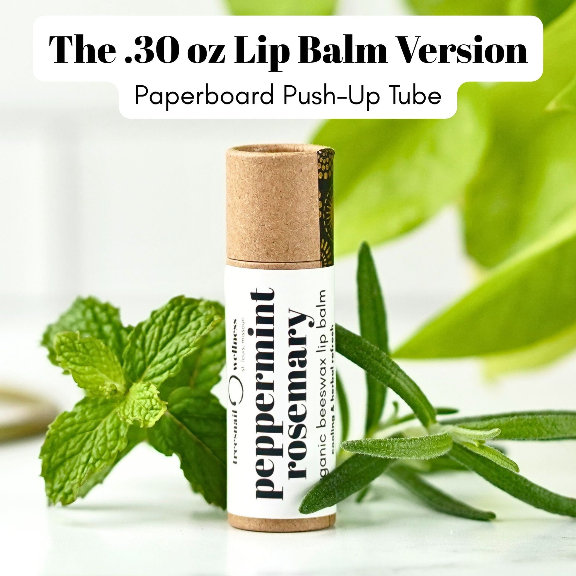 Treesnail Wellness Peppermint Rosemary Lip Balm in the .30 oz paperboard tube version