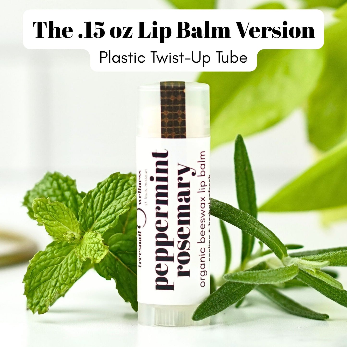 Treesnail Wellness Peppermint Rosemary Lip Balm in the .15 oz plastic tube version