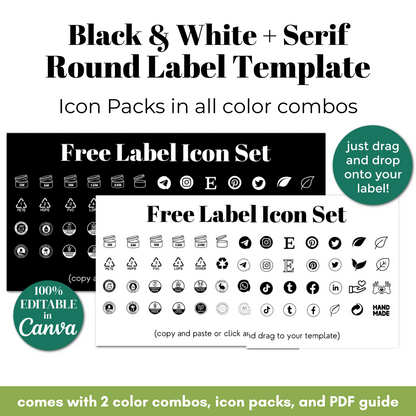 Free label icon set with black and white serif round labels and icon packs.