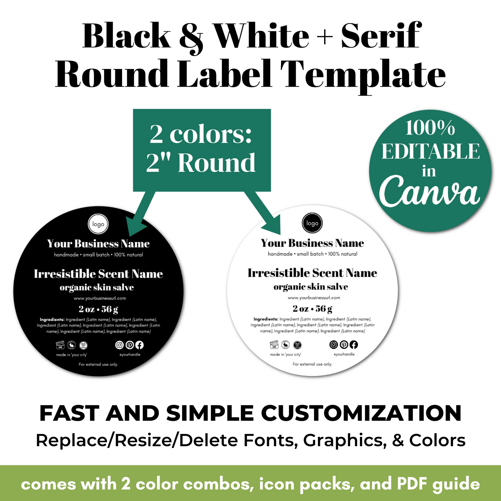 Black and white round label template with customizable features on a white background