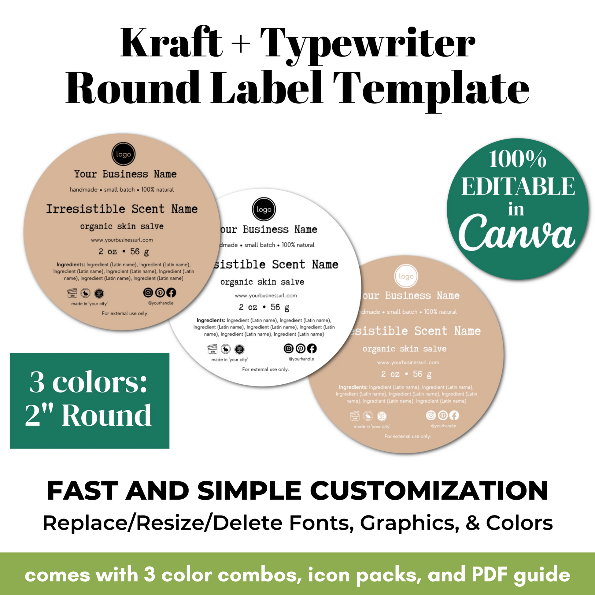 Kraft and typewriter round label template with customizable features on a white background