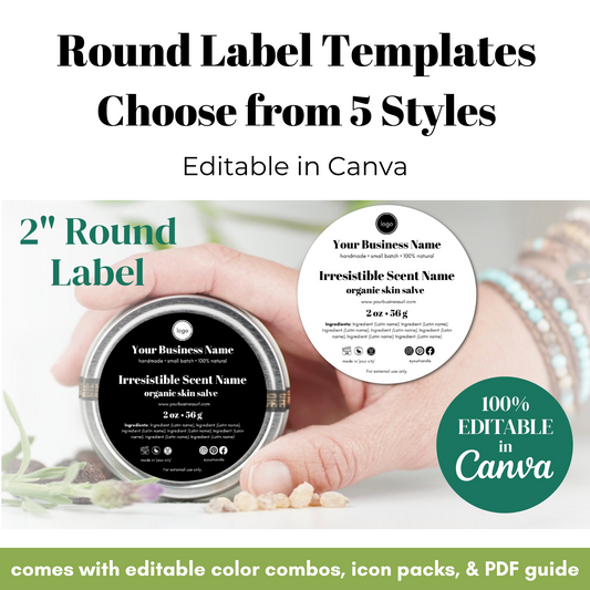 Round label templates with editable options in Canva, shown on a product packaging.