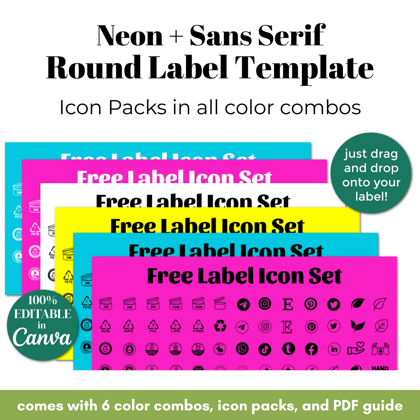 Promotional graphic for a neon and sans serif round label template with icon packs.