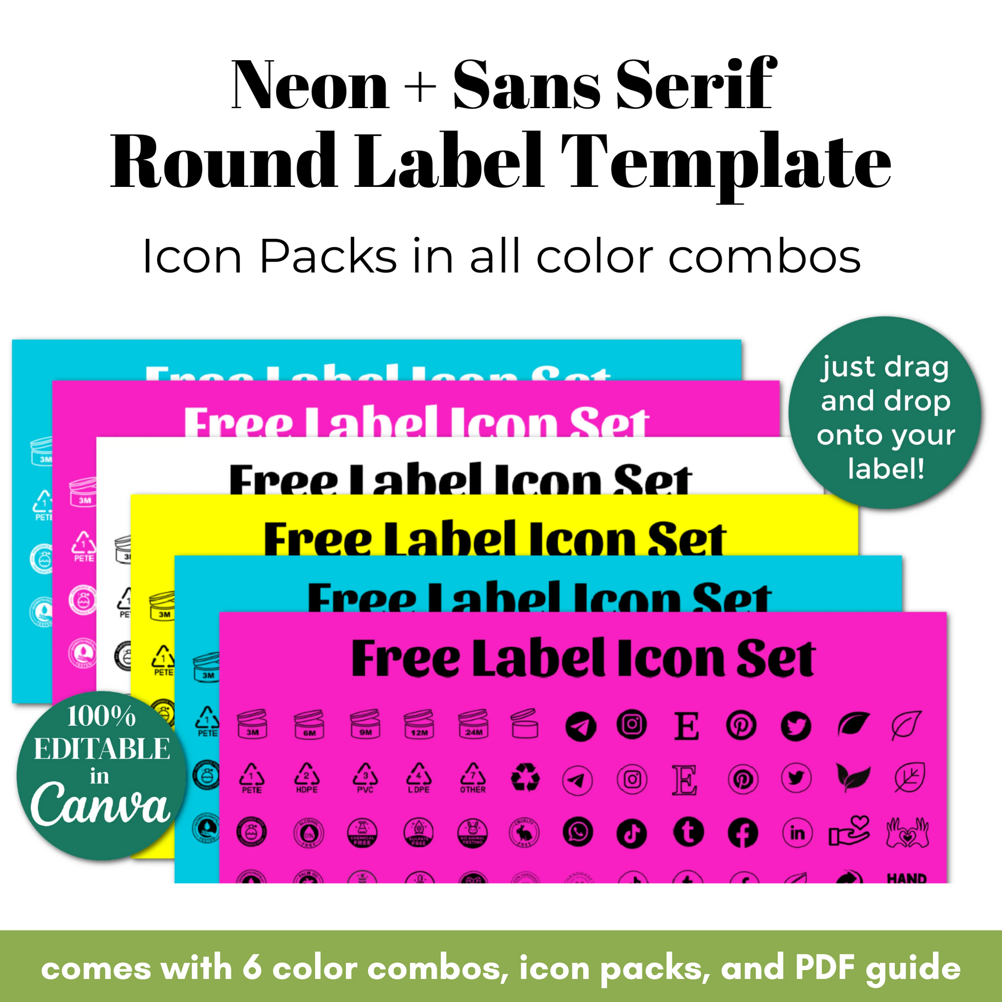 Promotional graphic for a neon and sans serif round label template with icon packs.