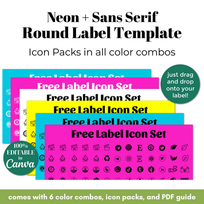 Promotional graphic for a neon and sans serif round label template with icon packs.