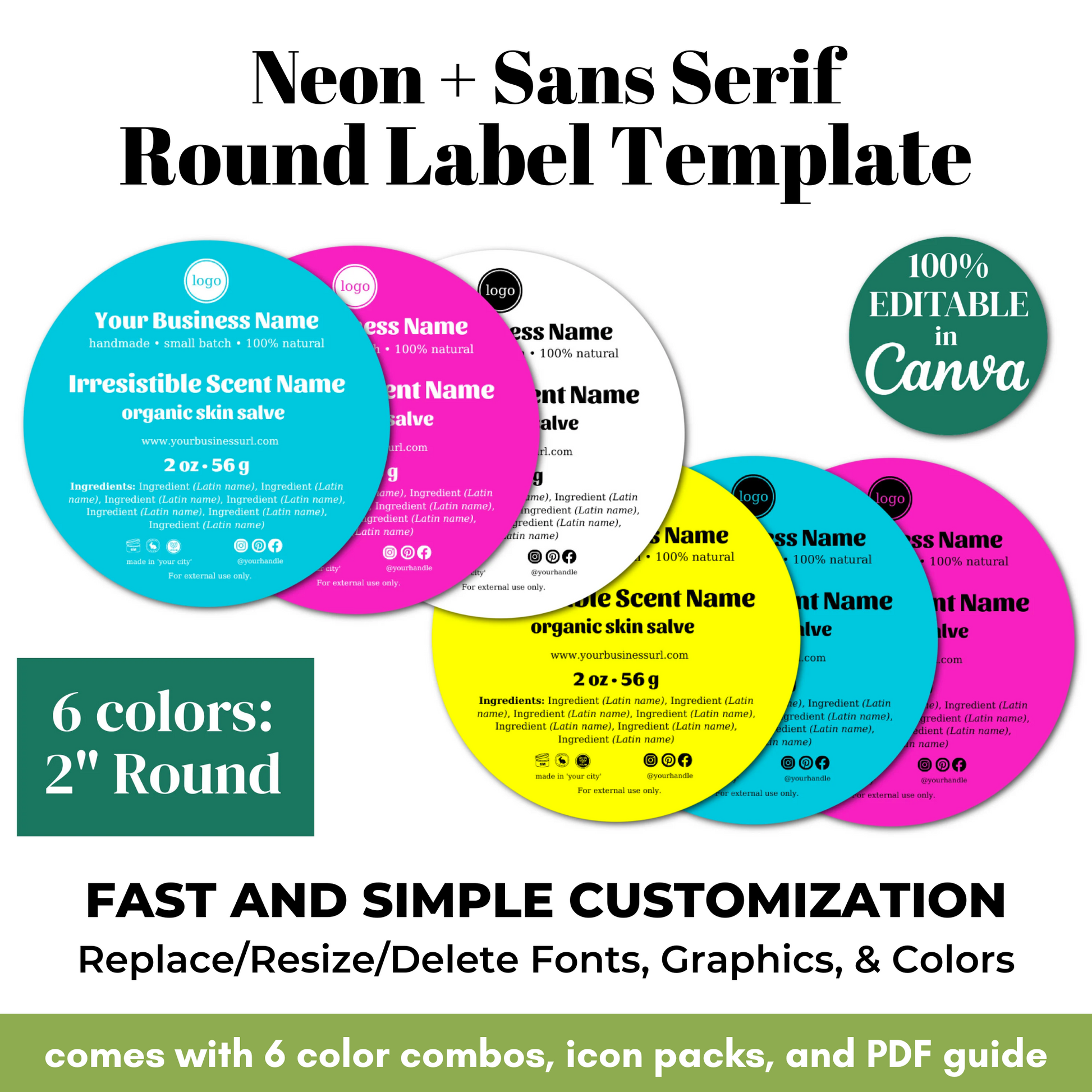Neon and sans serif round label template with customizable features on a white background
