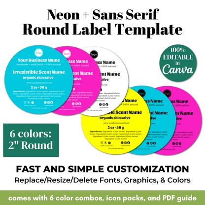 Neon and sans serif round label template with customizable features on a white background
