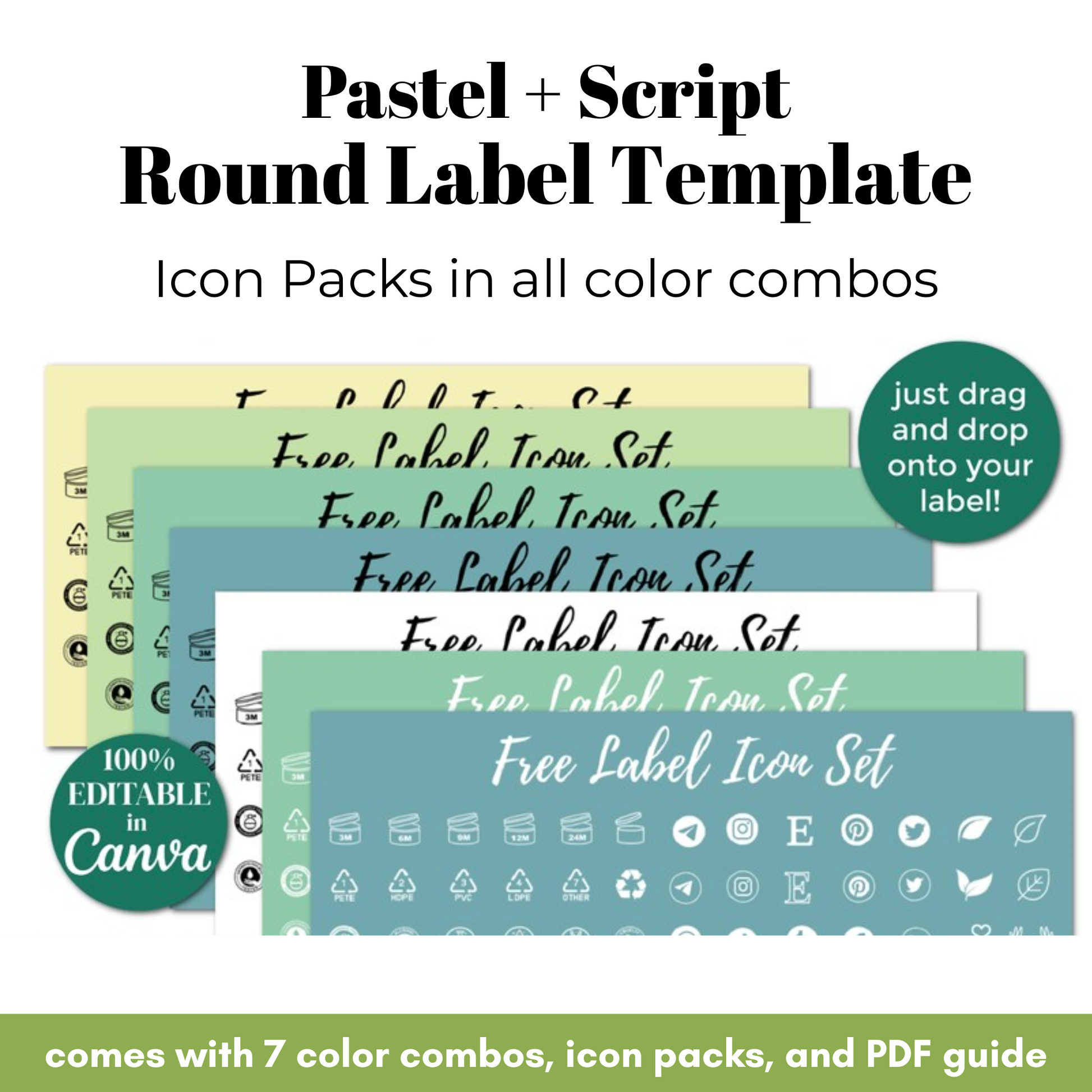Pastel and script round label template with icon packs and PDF guide on a white background