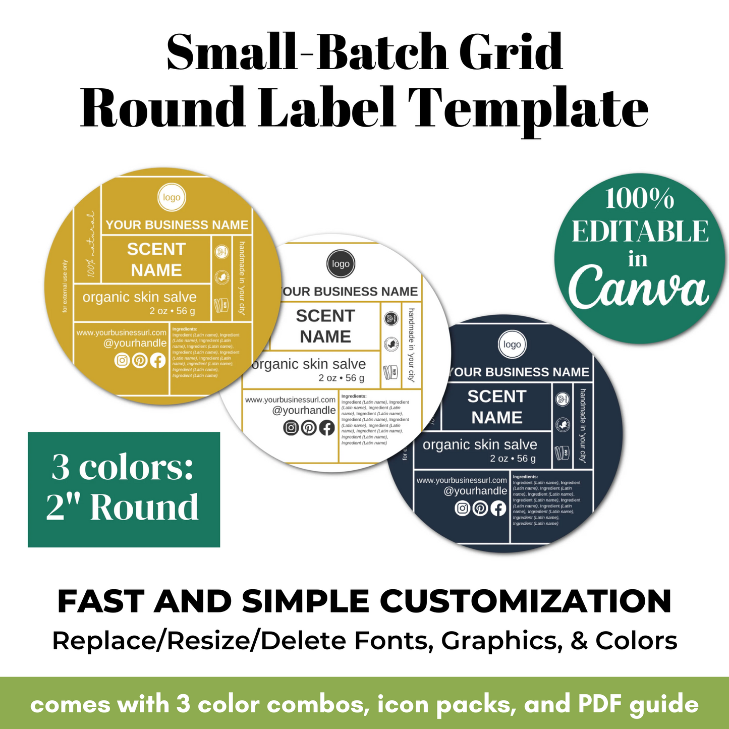 Promotional graphic for a small-batch grid round label template with customizable features.